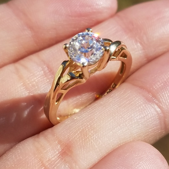 14k Solid Yellow Gold Diamonique Engagement Ring - Picture 2 of 8